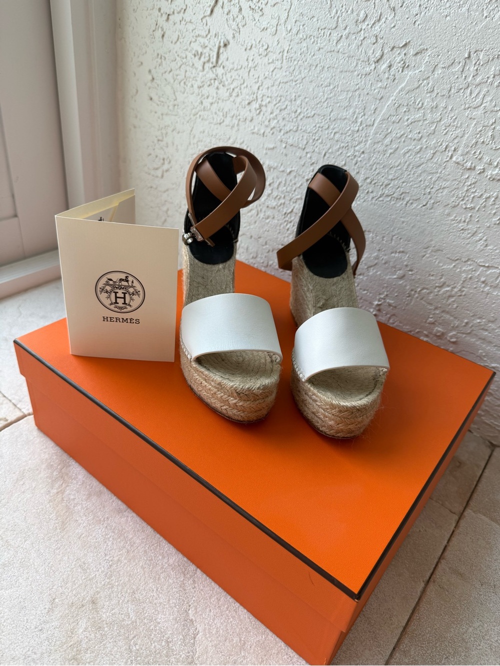 Hermes Tivoli Calfskin Leather Ankle Strap Espadrille Wedges